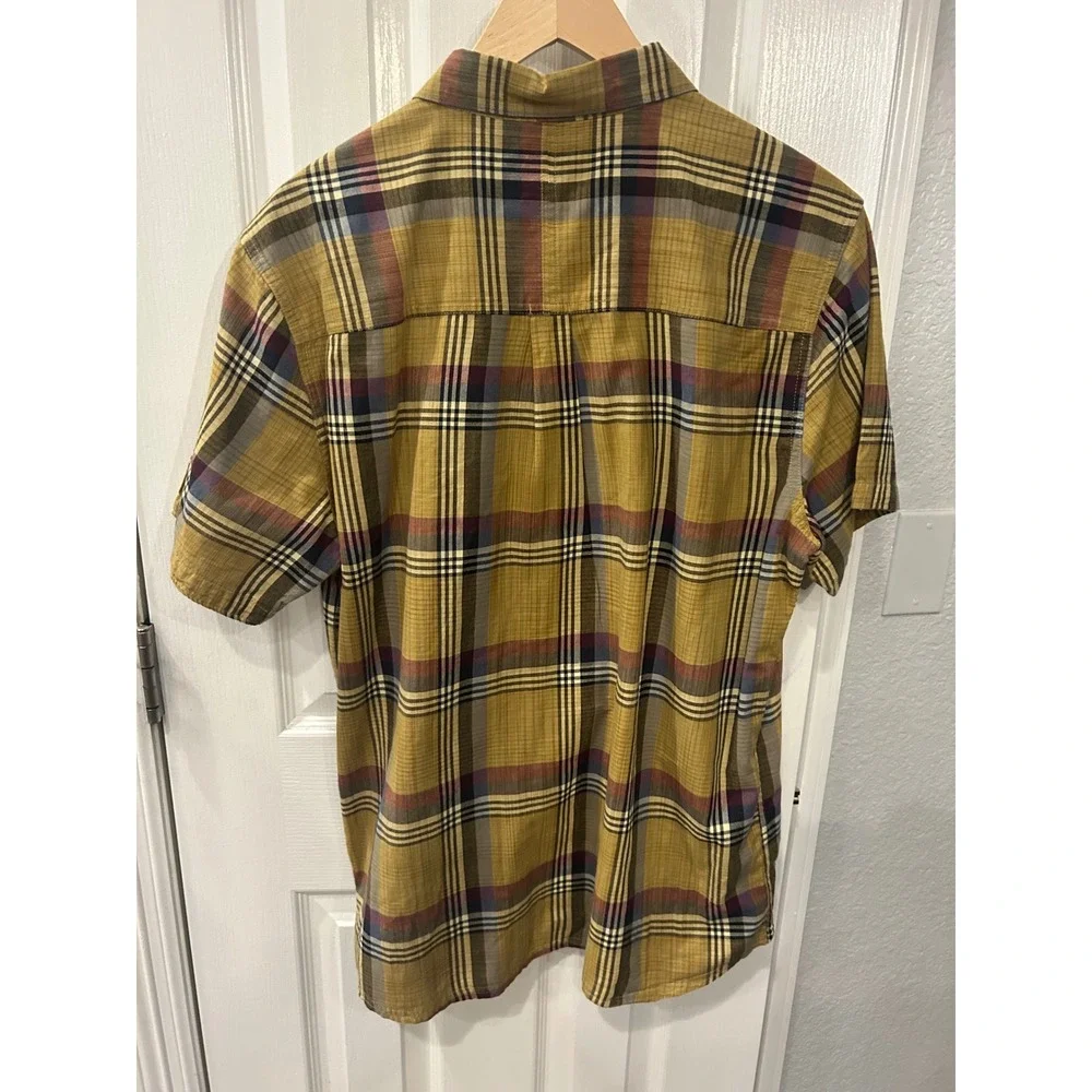 Toad&Co Button‎ Down Shirt Mustard Yellow Plaid Organic Cotton Short Sleeve L
